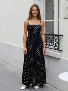 Vestido lencero de verano para mujer, sin mangas, con estampado de lunares, tirantes finos, espalda descubierta, largo, corte A, con bolsillos - Negro - Ver 8