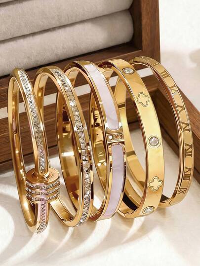 5件套不锈钢手链套装，不褪色金色招财草手镯，镶嵌水钻，男女皆宜的时尚饰品，适合各种场合，日常佩戴，派对，草地节，四季皆宜，可爱性感风格，18K镀金，日常佩戴，18K