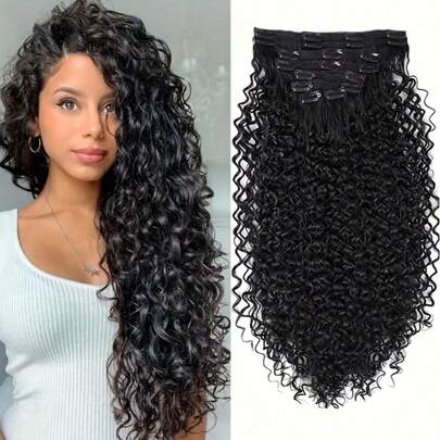 Deep Wave Clip In Hair Extensions 1B# Natural Black Hairpiece 8Pcs/Set Deep Curly Clip In Full Head Real Human Hair 16-26 Inch