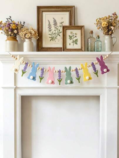 1pc Easter Bunny Garland With Flower Felt Banner- Spring Party Home Decor Wall Hanging For Holiday Decorations