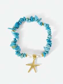 Opalesca 3pcs/Set Islandy Turquoise Natural Seashell Beaded Bracelet With Metal Starfish & Shell Pendant, Suitable For Women Daily Use And Beach Party - Blue - View 5