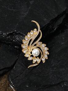 Opalesca 1pc French Fashion Feather Designed Faux Pearl Open Ring With Inlaid Rhinestones - Yellow Gold - View 1