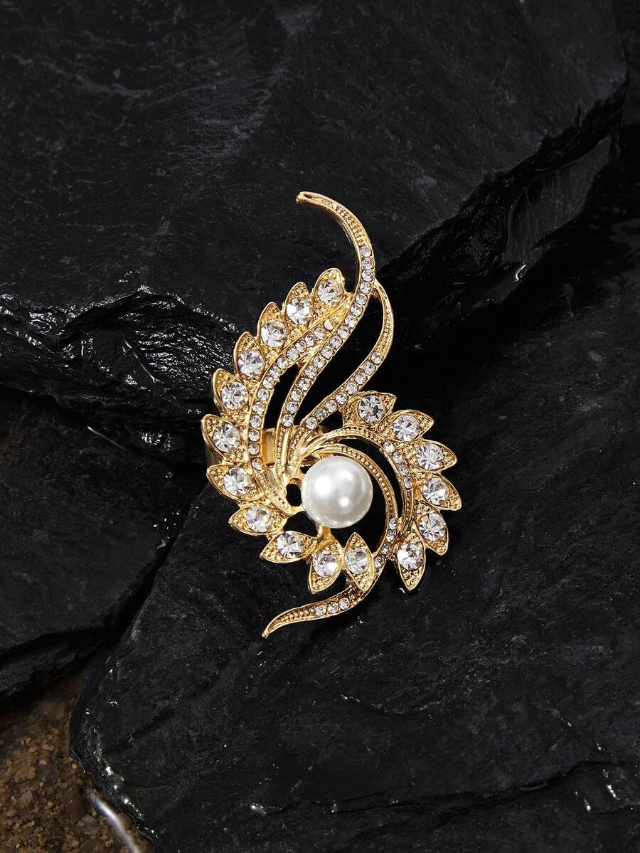 Opalesca 1pc French Fashion Feather Designed Faux Pearl Open Ring With Inlaid Rhinestones - Yellow Gold - View 1
