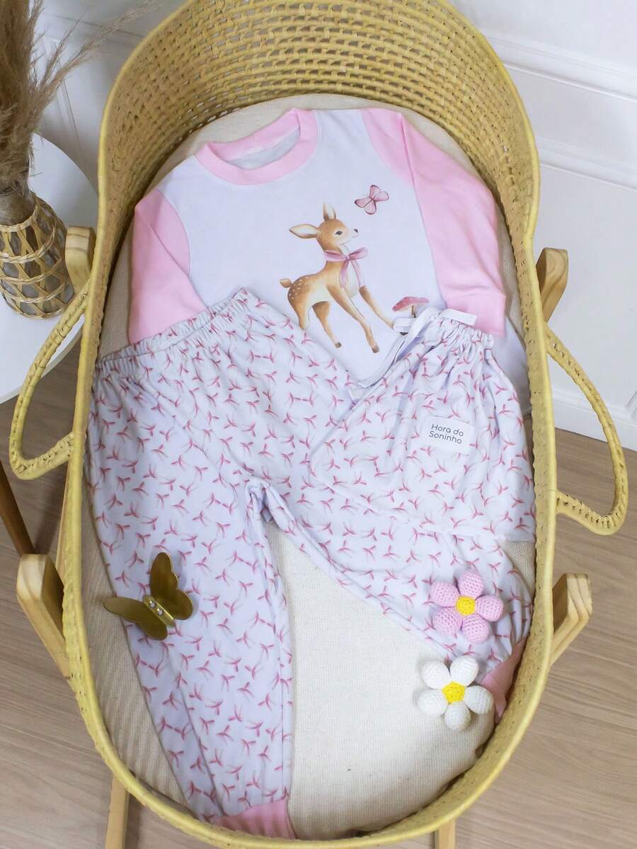 Children's Pajamas For Boys, Girls, And Unisex, In Cotton Fabric. 2-Piece Pajama Set, Long Sleeves, Pants With Elastic Waistband, Comfortable, Sizes 1 To 4 Years, Cute Print. - 淺粉色 - 查看 1
