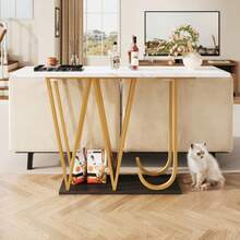 Entryway Table (1 Piece) 120 X 29.5 X 80 Cm. Dining Table, Kitchen Table, Balcony Table, Wooden Dining Table, Marble-Look Top. - White - View 2