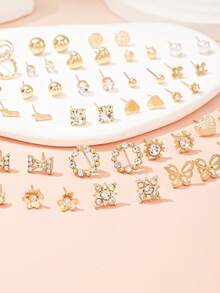 30 Pairs Metal Rhinestone & Faux Pearl Heart Shaped Bow Flower Stud Earrings Set, Suitable For Daily Wear, Gifts - Yellow Gold - View 5