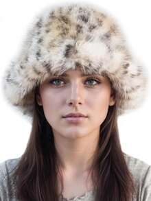 1/2 piezas Conjunto de gorro y bufanda con estampado de leopardo estilo europeo y americano, gorro cubo esponjoso y calentador de cuello aislado de moda - Multicolor - Ver 7