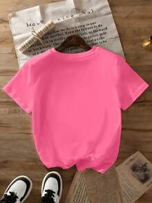 Teenage Girls' Cartoon Rabbit Print Round Neck T-Shirt, Casual Soft Top For Spring & Summer - Hot Pink - View 2