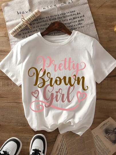 Teenage Girls' Cartoon Slogan Print Round Neck T-Shirt, Soft & Comfortable Casual Top For Spring/Summer