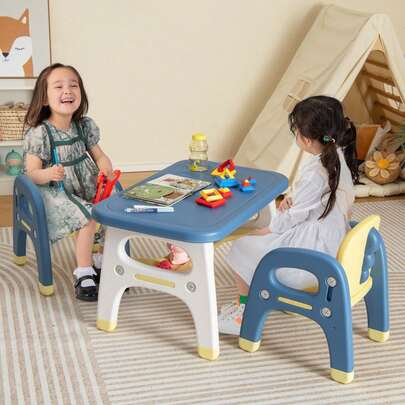  COSTWAY Kids Table And Chairs Set, Activity Table Set For Children Over 3 Years Old, Ideal For Arts & Crafts, Homeschooling, Homework, Snack Time, 3-Piece Kiddy Table And 2 Chairs For Boys & Girls, Blue & Yellow