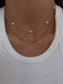 2pcs Minimalist Elegant Faux Pearl Necklace Set, Suitable For Women's Daily Life, Dates, Parties, Can Be Layered (Random Pearl Quantity) - Yellow Gold - View 1