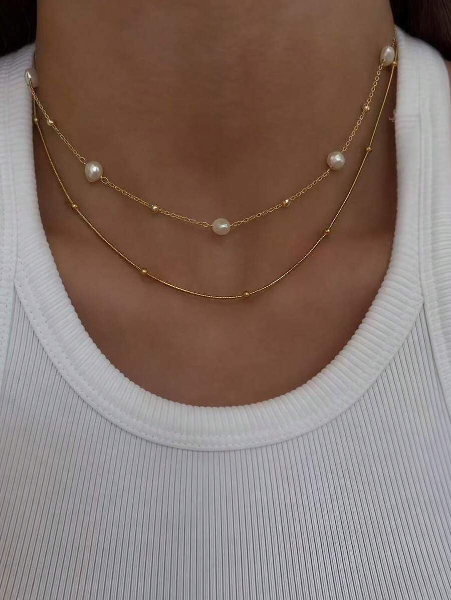 2pcs Minimalist Elegant Faux Pearl Necklace Set, Suitable For Women's Daily Life, Dates, Parties, Can Be Layered (Random Pearl Quantity) - Yellow Gold - View 1