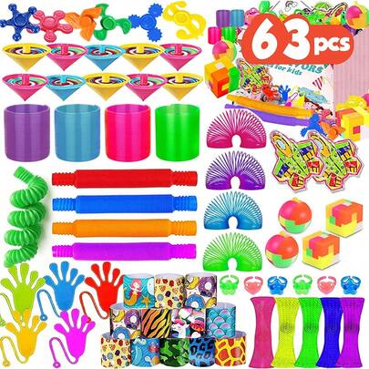 63pcs Kids Party Favor Box Toys, Bulk Treasure Prize Box Toys, Classroom Reward Gift Bag Fillers, Small Stress Relief Toys Bulk, Christmas Stocking Stuffers, Birthday Gifts For Boys Girls Small Toy Assortment Christmas Presents (Partially Random Assortment)
