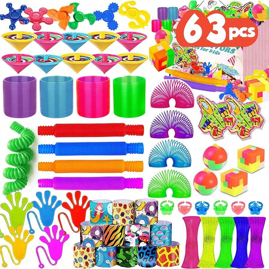 63 piezas Caja de regalos para fiesta infantil, juguetes a granel para caja de tesoros, relleno de bolsas de regalo para recompensa en el aula, juguetes antiestrés a granel, rellenos de calcetines navideños, regalos de cumpleaños para niños y niñas, surtido de juguetes pequeños (surtido parcialmente aleatorio) - juguetes de fiesta - Ver 1