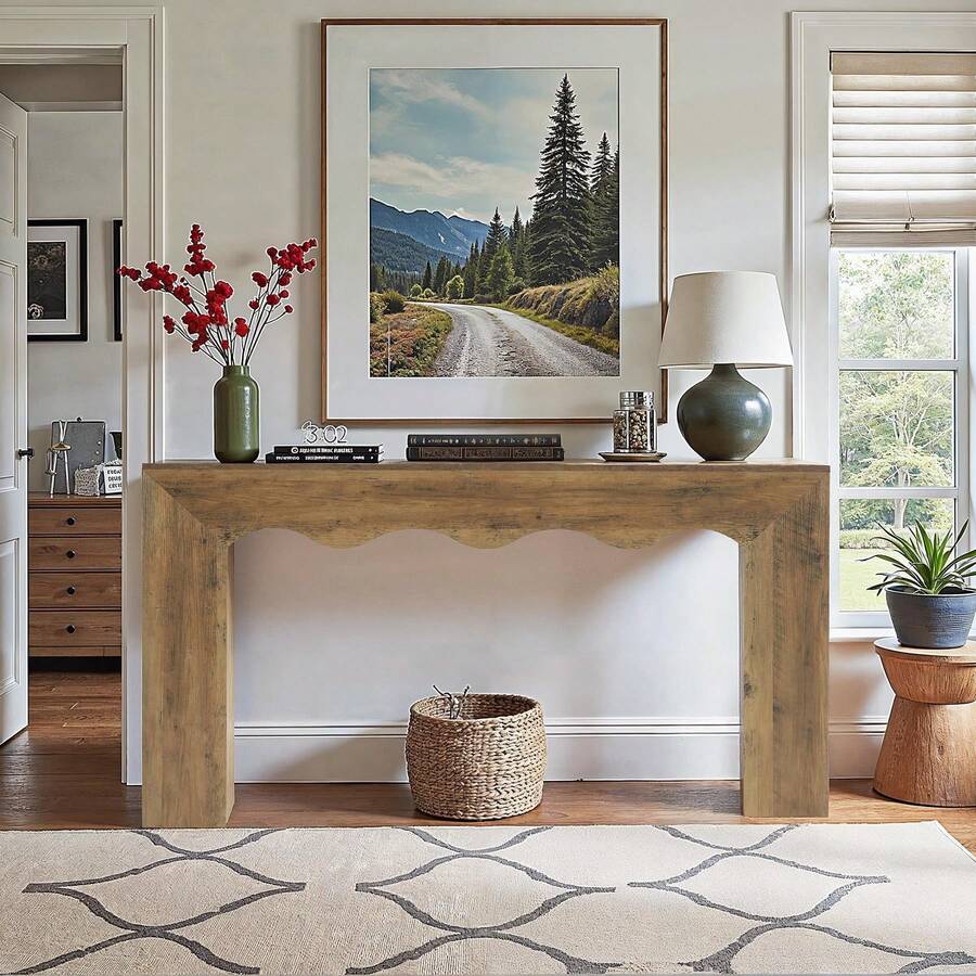 LITTLE TREE Rustic Brown 160cm Narrow Console Table, Wavy Design Behind Sofa Table For Entryway, Hallway & Living Room