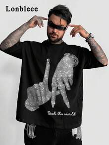 Lonblece 男士黑色短袖T恤，采用亮面手工设计，醒目的图案印花，适合休闲街头风和日常穿着。 - 黑色 - 查看 1