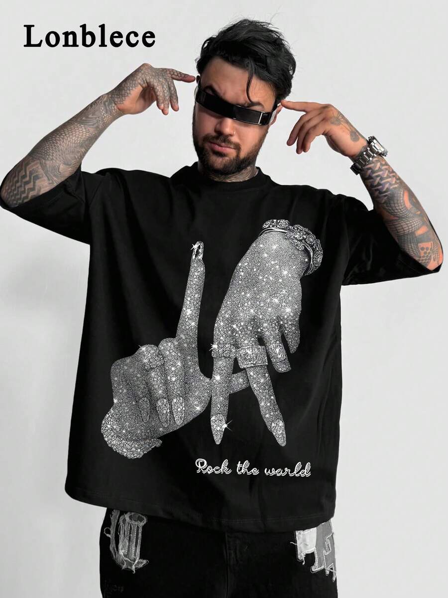 Lonblece 男士黑色短袖T恤，采用亮面手工设计，醒目的图案印花，适合休闲街头风和日常穿着。 - 黑色 - 查看 1