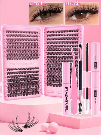 MEM 640pcs Eyelash Extension Kit, DIY Eyelash Extension Set (8-16mm), Individual Cluster Lashes D Curl Eyelash Extension Kit With Glue, Sealer And Lash Applicator, Eyelash Set, Eyelash Clusters, Eyelash Glue, Artificial Black Eyeliner Suitable For Daily Use, Party, Travel Or Gift For Family And Friends