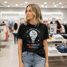 Women's Cotton The World Needs All Kinds Of Minds Print Short Sleeve T-Shirt, S-5XL, Casual Daily Wear, Black Graphic Tee, Comfortable Soft Fabric, Loose Fit, Crew Neck, Autism Awareness Design,  Fashion Top For Ladies - 黑色 - 查看 1