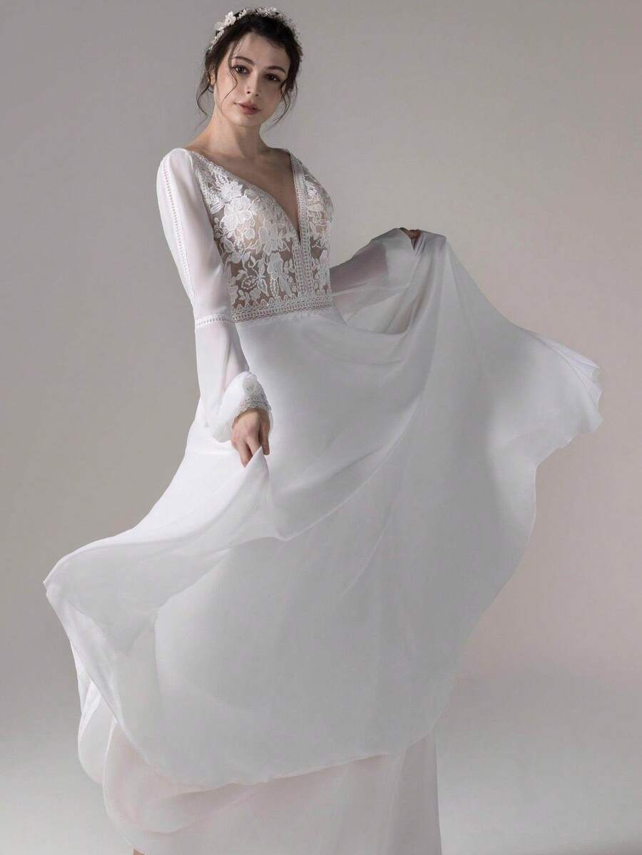 Vestido de novia de encaje y gasa de longitud hasta el suelo con silueta evasé - Elegante vestido nupcial para bodas, celebraciones de Navidad, eventos de Halloween, noches de graduación y ocasiones de cumpleaños - Blanco - Ver 1