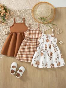 Bộ 3 món cho bé gái: Váy hai dây in hoa + Váy hai dây cài cúc màu trơn + Váy hai dây phối cúc in họa tiết kẻ caro. - màu nâu - Xem 2