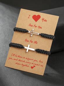 2pcs/Set Solid & Hollow Match Stainless Steel Cross Adjustable Braided Bracelet Set, Suitable For Friends, Family, Couples, Daily Wear - Cross-woven Bracelet Set - View 10