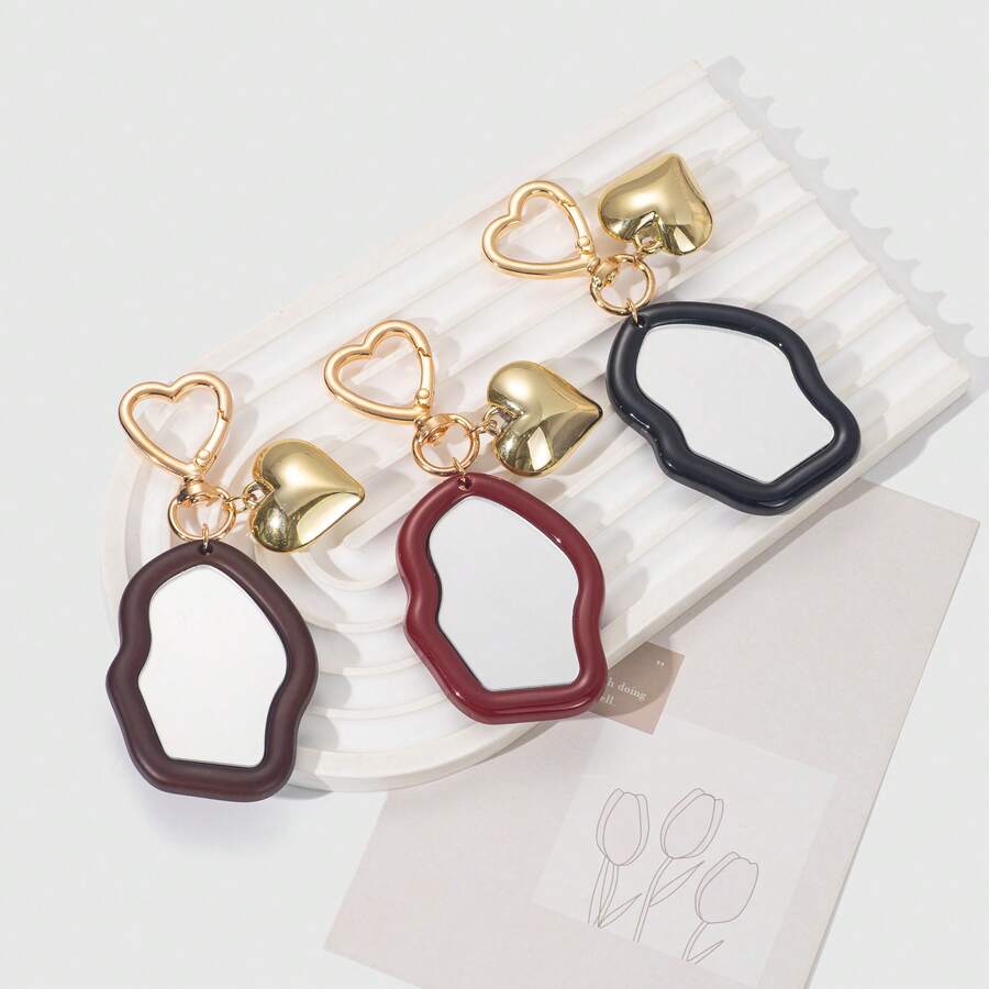 1pc Asymmetrical Mirror Keychain, Heart Pendant, Minimalist Design Bag Charm, Holiday Gift - Multicolor - View 1