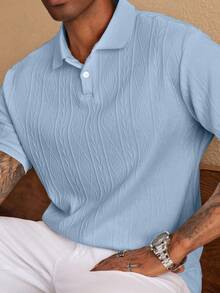 Men's Short-Sleeved Polo Shirt, Minimalist And Elegant, Made From Textured Jacquard Fabric In A Solid Color. Perfect For Leisure, Holidays And Outings, Making It An Ideal Gift For Family And Friends. - 藍色 - 查看 2