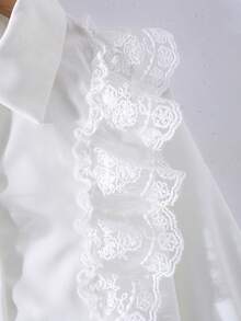 女童优雅简约时尚翻领插肩袖宽松白色刺绣荷叶边设计百搭衬衫，适合秋季穿着 - 白色 - 查看 5