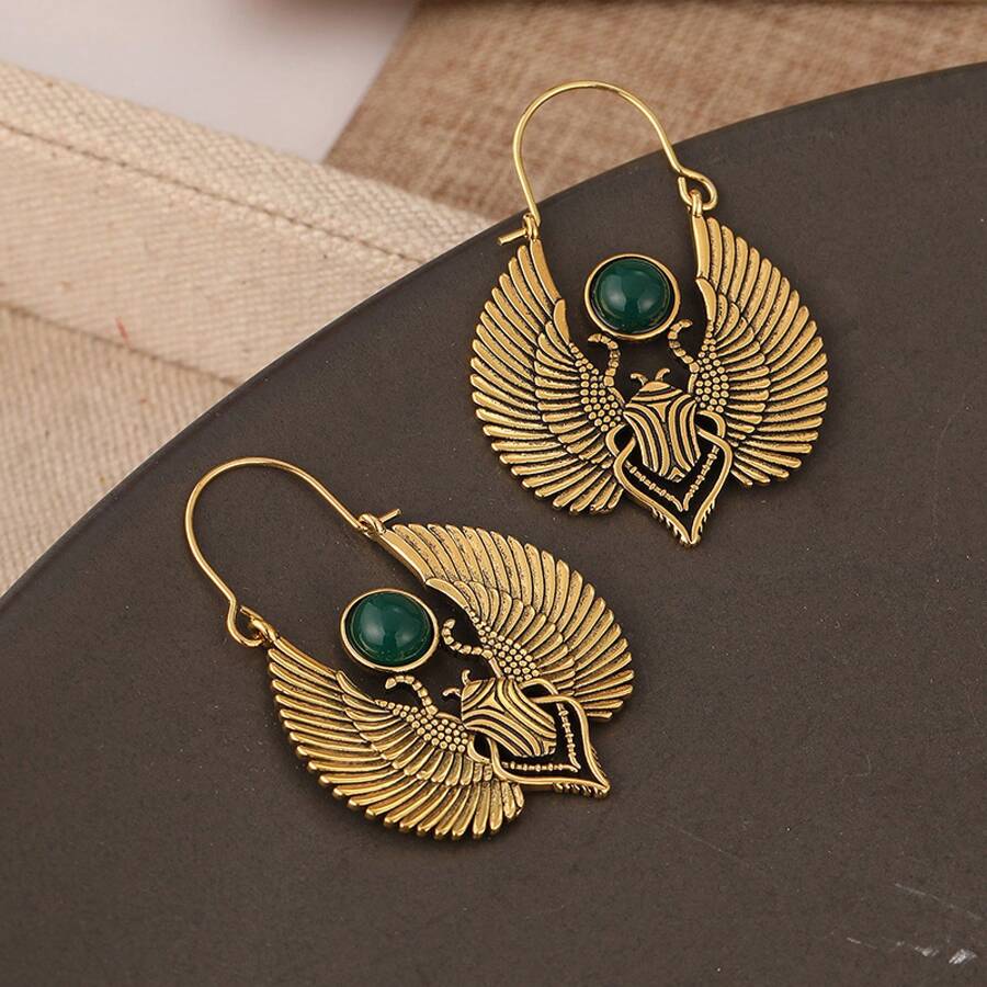 Large Earrings For Women, Designed With Vintage Egyptian Style Of Holy Wings And Beetle Patterns. These Bohemian-Style Earrings Are Perfect For Parties And Casual Outfits - Vàng - Xem 1