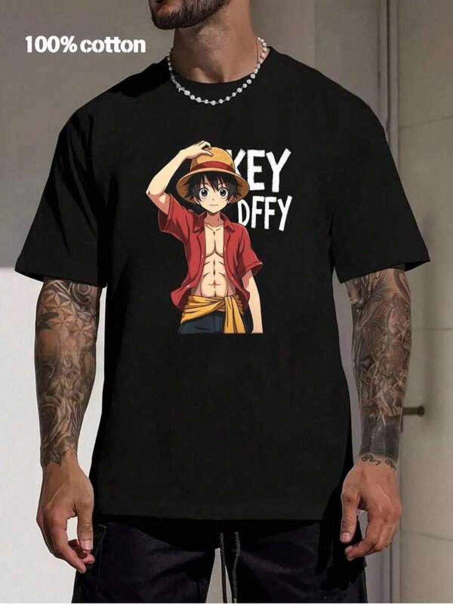 One Piece T-Shirt - 100% Cotton Crew Neck Tee, Anime Graphic Print, Summer Casual Short Sleeve Top, Perfect For Anime Fans, Cosplay, Birthday Gift For Men And Boys_90s Pop Retro All GendersMen's Minimalist Printed Round Neck Short Sleeved T-Shirt - 黑色 - 查看 1