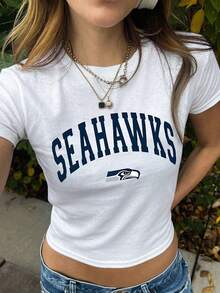 Seahawks Game Day Casual Printed Crew Neck Short Sleeve Slim Fit Cropped Women's Summer T-Shirt - 白色 - 查看 1