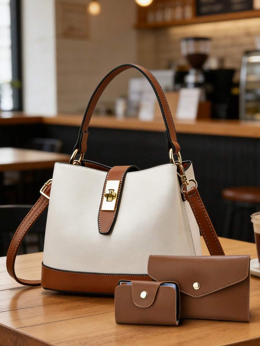 Women's 3-Piece Set: Fashion Shoulder Bag, Bucket Bag, And Handbag - Beige - View 1