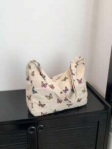 Fashionable Casual Large Capacity Tote Bag For Women, Spring/Summer New Linen Bag With Colorful Butterfly Pattern, Adjustable Shoulder Strap, Soft Crossbody Bag - Khaki - View 6