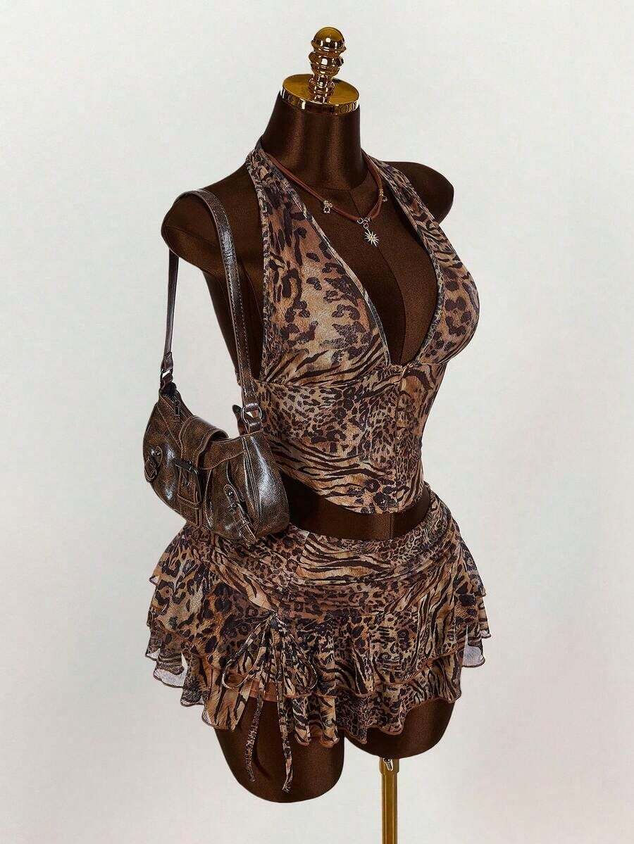 Women's Halter Backless Leopard Print Tank Top And Fashionable Low Waist Skirt Set - Cà phê nâu - Xem 1