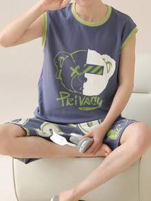 [AICJ Sleepwear]2pcs Men's Solid Color Casual Loose Basic Crew Neck Vest Top And Shorts Pajama Set, Suitable For Spring And Summer Loungewear - Navy Blue - View 5