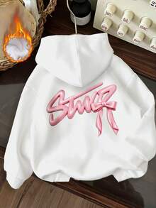 Artistic Lettering In Pink And A Bow Print. Unisex Hoodie For Autumn/Winter. Features An Extra-Thick, Warm Lining, Adjustable Drawstring, And Pockets On The Long Sleeves. Made From Cotton And Velvet. - White - View 2
