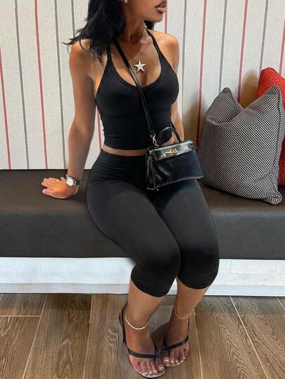 LovelyWholesale Women's Casual V-Neck Ribbed Knit Tank Top And Fitted 7/8 Pants 2 Pieces Set, Summer