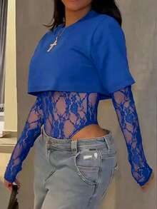 Women's Sexy Sheer Lace Short Sleeve Crop Top, Solid Color Lace Patchwork See-Through Sexy Bodysuit For Daily Wear, Dating, Single Party, Stage Performance, Spring/Summer Elegant - Blue - View 5