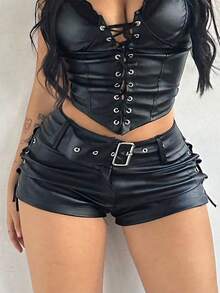 Y2K黑色PU皮革迷你短裤，高腰侧系带设计，配腰带和金属装饰，日常休闲百搭，适合锐舞音乐节、乡村音乐会、外出派对等场合，夏季女装。 - 黑色 - 查看 1