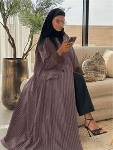 Striped Patchwork Double-Breasted Pocket Long Arabic Style Blazer - Rose Brown - View 3