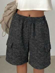 1pc Tween Girl Minimalist Fashion Versatile Casual Cargo Shorts - Black - View 1