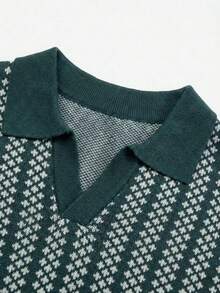 Unisex Casual Loose Striped Polo Collar Knit Short Sleeve Top, Spring/Summer - Green - View 7