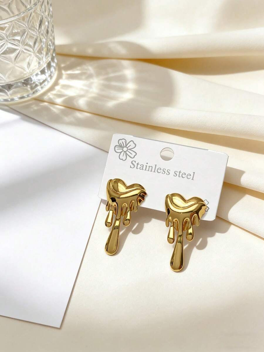 Stainless Steel Gold-Plated Ear Studs, Concave-Convex Texture, Low Allergenic, Nickel-Free, Heart-Shaped Ear Studs, Thick Gold Lady's Ear Studs, Fashionable Declaration Geometric Texture Lightweight Anti-Allergy Ear Studs, Retro Jewelry Dance Party Gifts, Lady's Ear Studs, Fashionable Heavy And Unique Pendant Ear Studs, Lady's Gold Earring Set, Exquisite Gold-Plated Pendant Ear Studs, Anti-Allergy Ear Studs, Fashionable Jewelry, Lady's Gifts - Multicolor - View 1