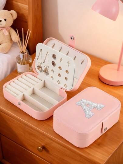 1pc Portable Travel Jewelry Box, Wedding Bride Gift, Bridesmaid Gift, Valentine's Day Gift, Customized Monogram Jewelry Box, Rectangular Jewelry Box, PU Leather Jewelry Box, Pearl Monogram Design, Earring, Necklace, Ring Storage Box, Best Gift For Mom And Friends, Ideal Gift For Him, Ideal Gift For Her ,Room Decor