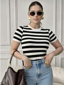 Modal Striped Short Sleeve Blouse With High Quality Elasticity - 白色 - 查看 3
