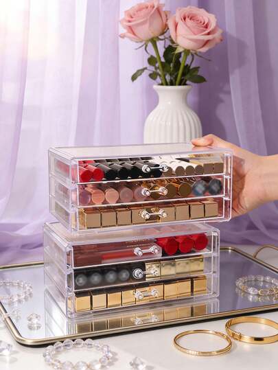 1个透明桌面收纳盒 - 空间宽敞，可收纳化妆品、口红和珠宝首饰，多功能杂物分类架，坚固耐用，设计紧凑 - 非常适合浴室、卧室、办公室、宿舍和家庭收纳整理。