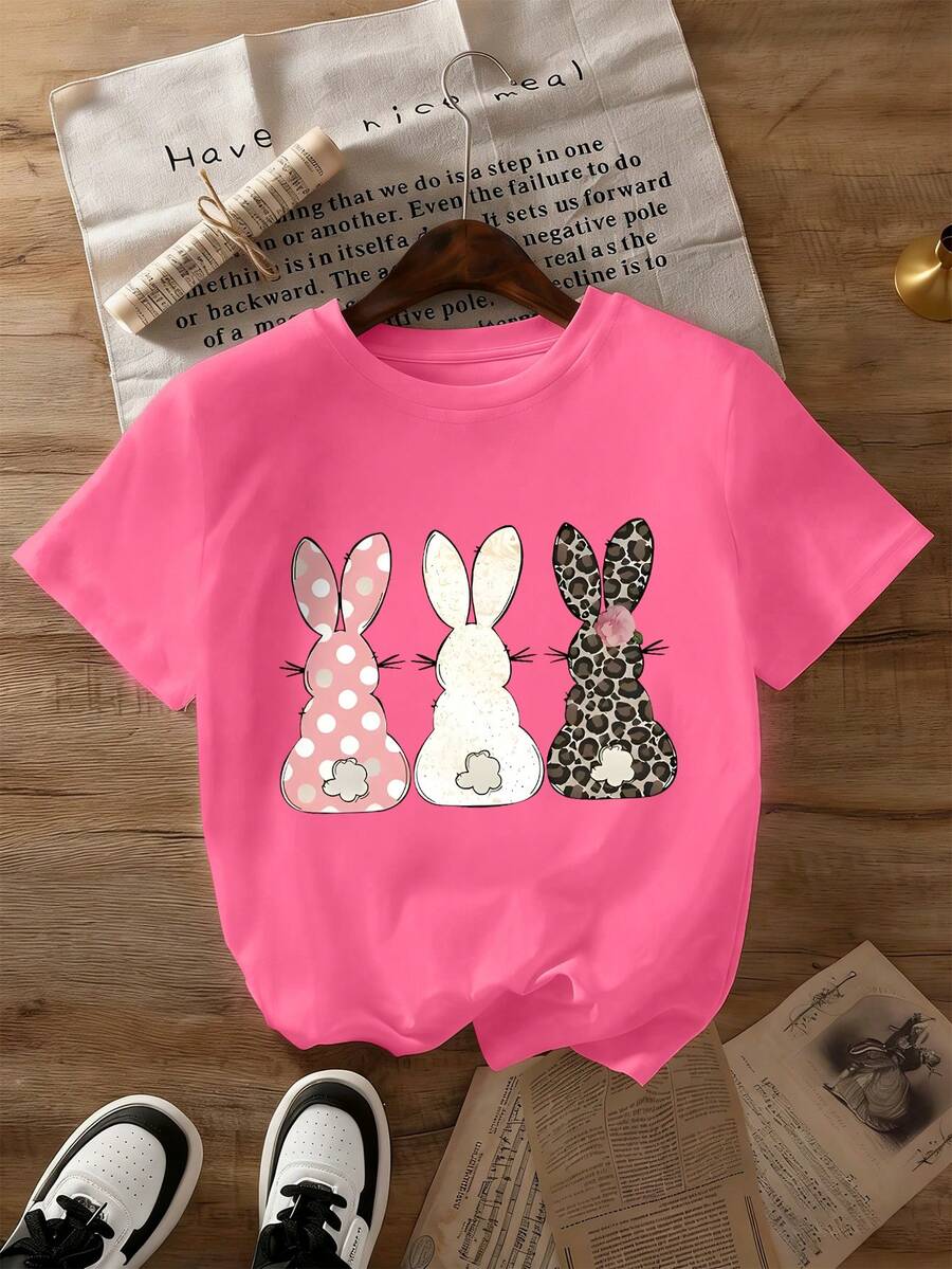 Teenage Girls' Cartoon Rabbit Print Round Neck T-Shirt, Casual Soft Top For Spring & Summer - Hot Pink - View 1