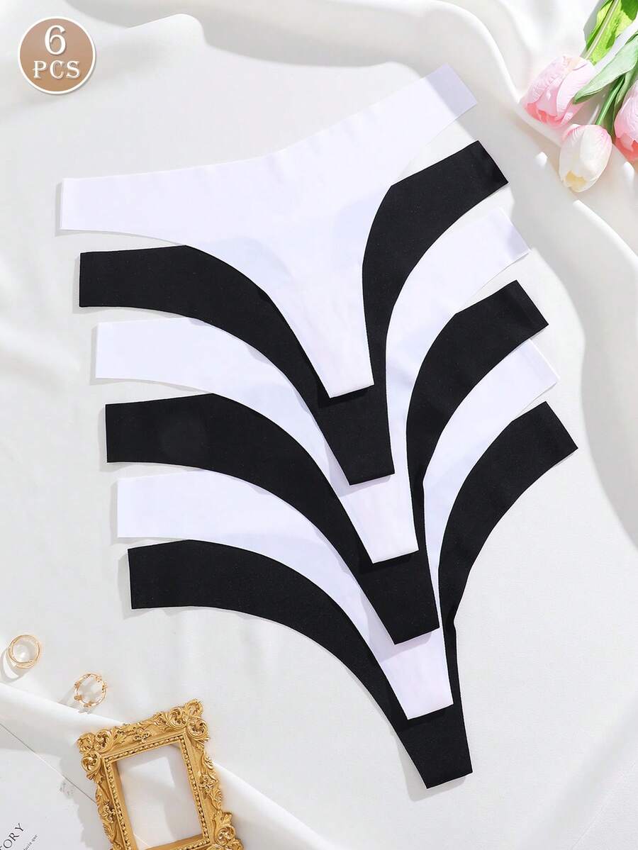 6pcs/Pack Celana Dalam Thong Wanita Model V-Shape, Tanpa Jahitan, Bernapas, Berpinggang Rendah, Berbagai Warna - Hitam dan Putih - View 1