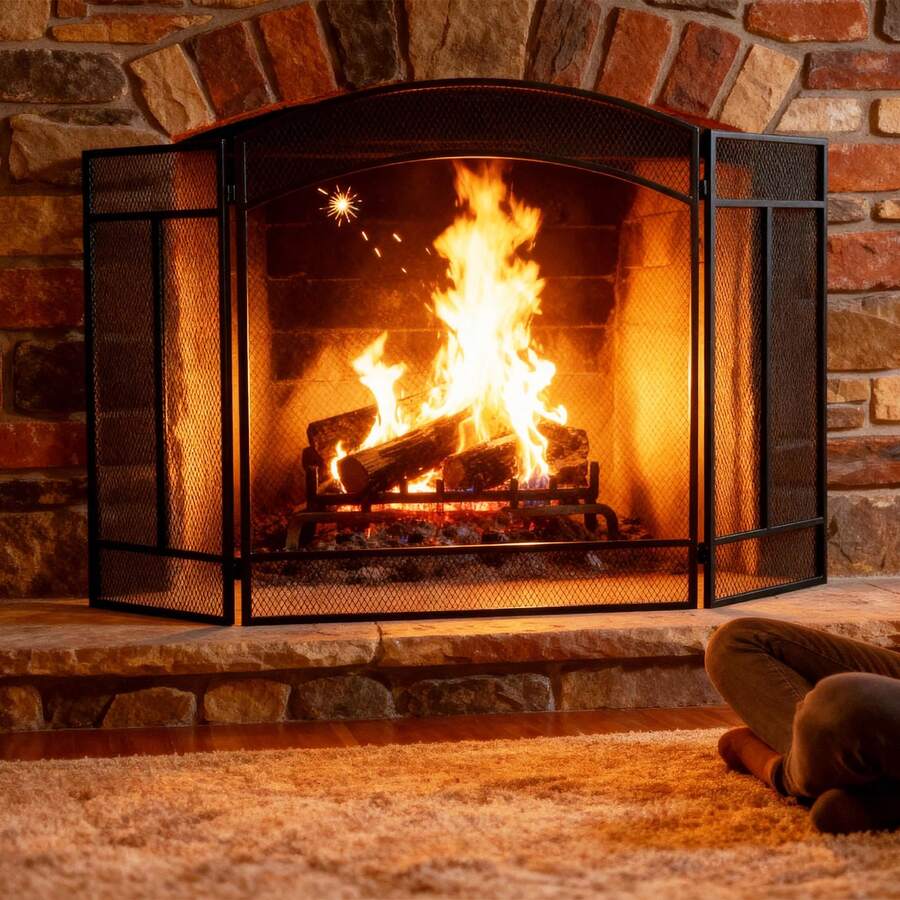 48-Inch Fireplace Screen With Three-Piece Spark Guard, Foldable Wrought Iron Metal Door, Ideal For Living Room Home Decor - Black/48IN - View 1